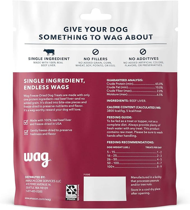 Amazon Brand - Wag Freeze-Dried Raw Single Ingredient Dog Treats, Beef Liver, High Protein, Health Training Treats or Meal Topper for all Dogs, Grain-Free, 3.3 Ounce (Pack of 1)