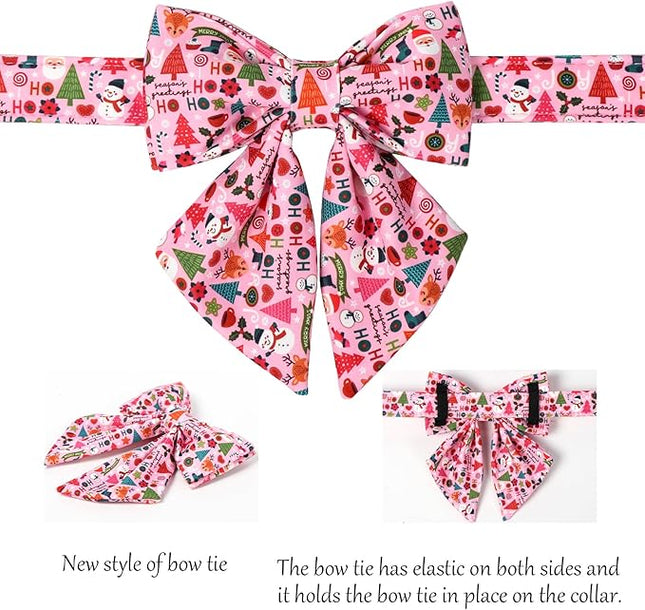 Lionet Paws Christmas Dog Collar with Sailor Bow, Cute Ho Christmas Tree Snowman Pink Dog Collar Bow Tie for Dogs, Medium, Neck 13.5-22 inches