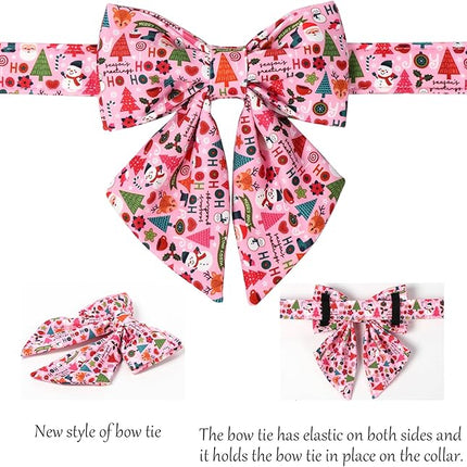 Lionet Paws Christmas Dog Collar with Sailor Bow, Cute Ho Christmas Tree Snowman Pink Dog Collar Bow Tie for Dogs, Small, Neck 10-16 inches