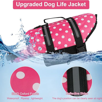 HAOCOO Dog Life Jacket Vest Saver Safety Swimsuit Preserver with Reflective Stripes/Adjustable Belt Dogs?Pink Polka Dot,XXL