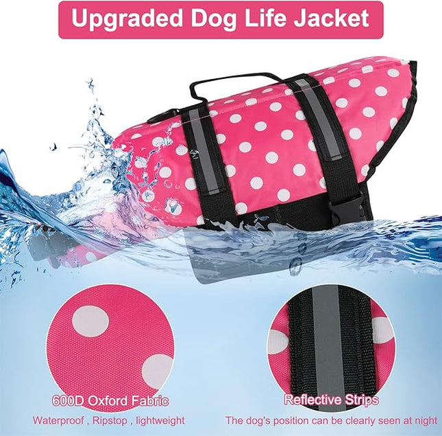 HAOCOO Dog Life Jacket Vest Saver Safety Swimsuit Preserver with Reflective Stripes/Adjustable Belt Dogs?Pink Polka Dot,XXL
