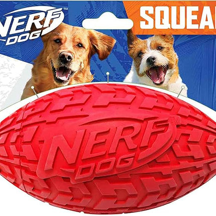 Nerf Dog Tire Squeak Football Outdoor Dog Toy, 6 Inch Dog Football Squeaking Toy for Medium and Large Breeds, Red