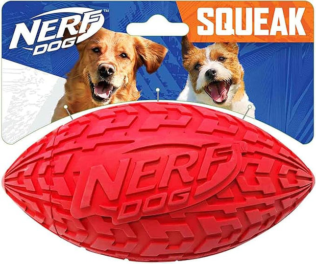 Nerf Dog Tire Squeak Football Outdoor Dog Toy, 6 Inch Dog Football Squeaking Toy for Medium and Large Breeds, Red