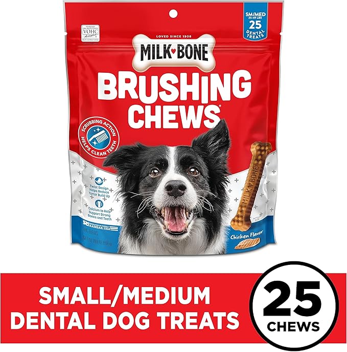 Milk-Bone Original Brushing Chews, 25 Small/Medium Daily Dental Dog Treats Scrubbing Action Helps Clean Teeth