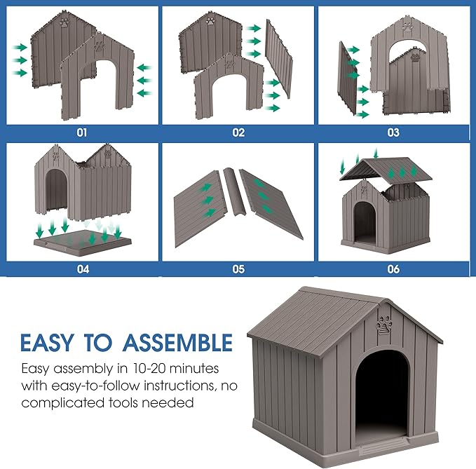 Large Dog House Outdoor Indoor for Medium Large Dogs, Durable Plastic Waterproof Doghouse with Air Vents and Elevated Floor, Easy Clean and Assemble (Classic Grey, 36.2''L×38''W×38''H)