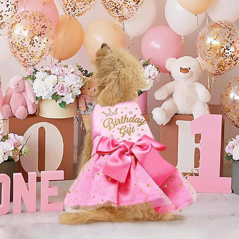 Birthday Dog Dress, Princess Dog Dress Tulle Puppy Skirt Doggie Birthday Outfit Pink Clothes for Small Dogs, Cat Pet Apparel (Medium, Birthday)