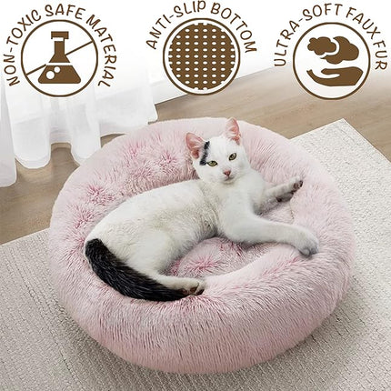 Friends Forever Donut Dog Bed Faux Fur Fluffy Calming Sofa For Medium Dogs, Soft & Plush Anti Anxiety Pet Couch For Dogs, Machine Washable Coco Pet Bed with Non-Slip Bottom, 30"x30"x7" Pink