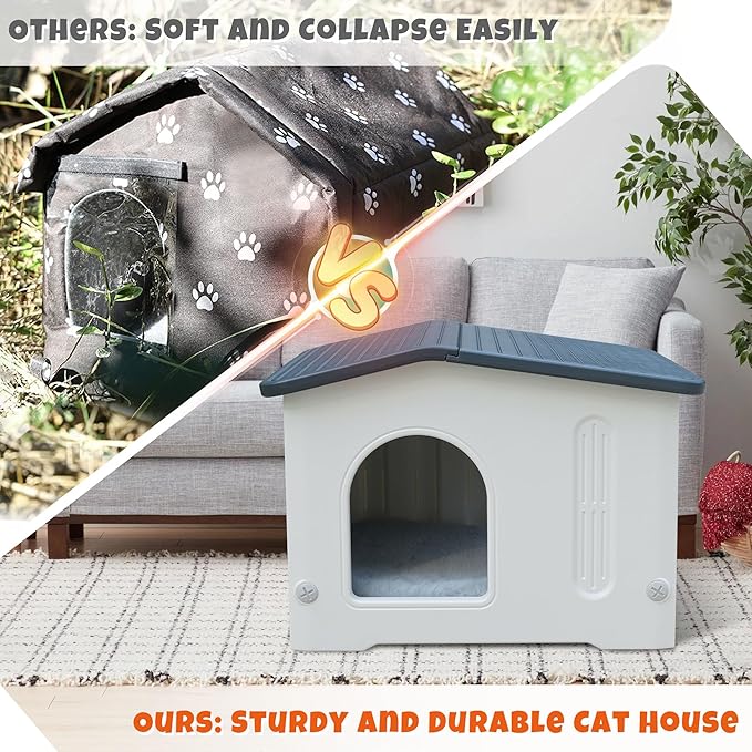 Waterproof Outdoor Cat House with Escape Door, Plastic Cat House for Feral Cats Outdoor Cat House with Mat, Sturdy Cat House for Outdoor Cats, Assemble Easily-Grey