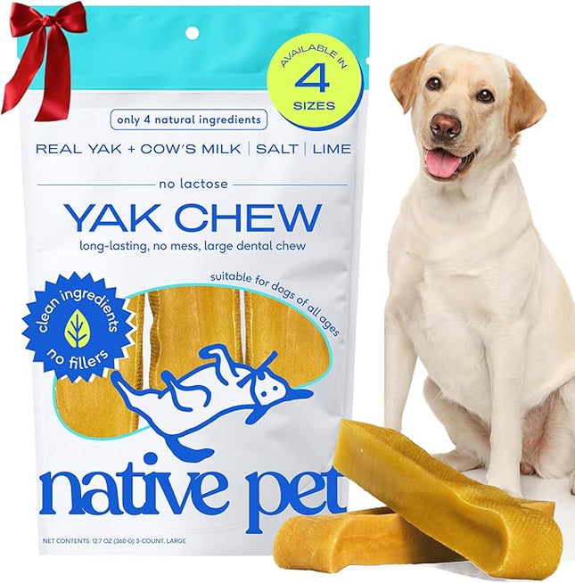 Native Pet Yak Cheese Himalayan Dog Chews - Long Lasting Dental Sticks for Large Breeds – 100% All Natural Himalayan Yak Chews for Large Dogs – Cheese Bone for Aggressive Chewers - 3 Per Pack