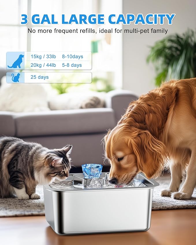 Lesotc Dog Water Fountain for Large Dogs, 11L/3Galon Stainless Steel Large Pet Water Fountain with 4 Filters, Automatic Dog Water Bowl Dispenser, Ultra-Quiet Pump, Ideal for Multi-Pet Home