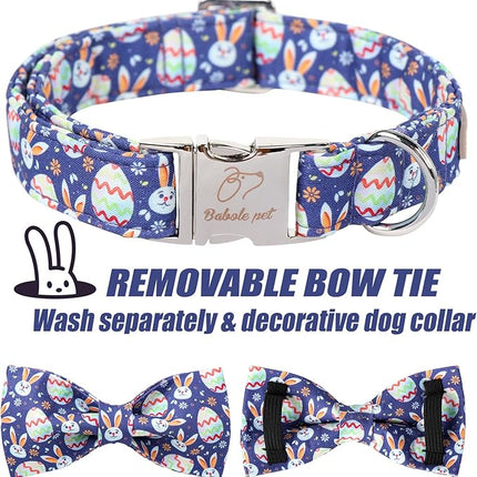 Easter Dog Collar with Bow Tie- Adjustable Easter Bunny Eggs Dog Collar Cute Rabbit Bowtie Metal Buckle Puppy Collars for Small Medium Large Dogs M