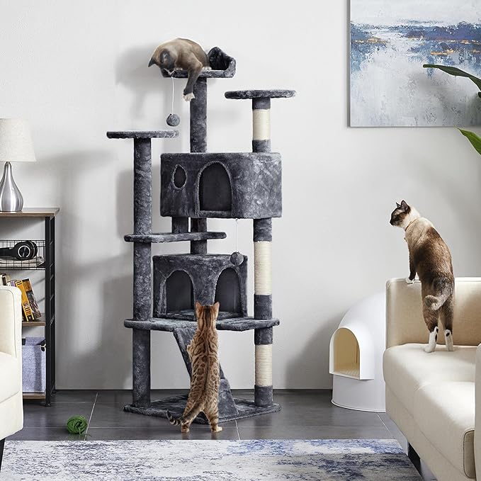 Yaheetech Cat Tree Tower, Multi-Level Large Plush Condo Cat Furniture with Sisal Scratching Posts and 2 Danglinge Balls Gray