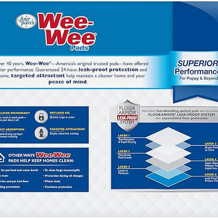 Four Paws Wee-Wee Superior Performance Unscented Pee Pads for Dogs & Puppies, Quilted Leak-Proof Dog Housebreaking Potty Training Floor Protection, 22" x 23", 50 Count