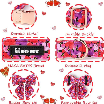 Maca Bates Valentine's Day Dog Collar with Sailor Bow for Medium Girl Boy Dogs,Tiedyed Love Hearts Pattern,Adjustable Durable Soft Valentine Gift for Female Male Puppy