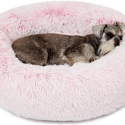 Friends Forever Donut Dog Bed Faux Fur Fluffy Calming Sofa For Medium Dogs, Soft & Plush Anti Anxiety Pet Couch For Dogs, Machine Washable Coco Pet Bed with Non-Slip Bottom, 30"x30"x7" Pink