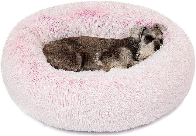Friends Forever Donut Dog Bed Faux Fur Fluffy Calming Sofa For Medium Dogs, Soft & Plush Anti Anxiety Pet Couch For Dogs, Machine Washable Coco Pet Bed with Non-Slip Bottom, 30"x30"x7" Pink