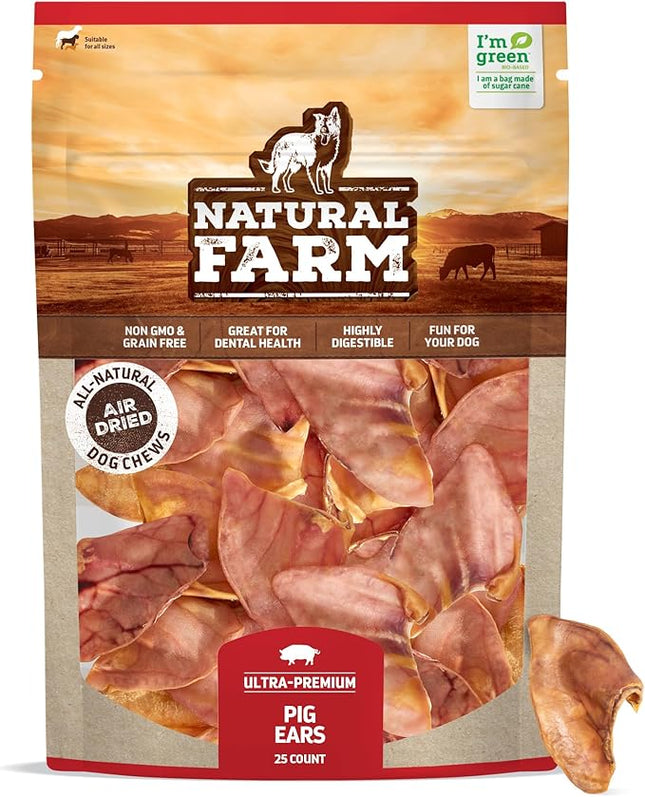 Natural Farm Pig Ears for Dogs (25 Pack), All-Natural WholeThick Pigs Ears, Single Ingredient & Highly Digestible, Better Than Rawhide- Dog Snacks, Dog Pig Ears for Puppy, Medium & Large Dogs
