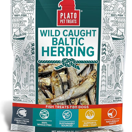 Plato Pet Treats Fish Dog Treats - Air-Dried, Single Ingredient Dog Treat - with Omega 3 & 6 Fatty Acids to Support Skin and Coat - 100% Whole Fish - Wild Caught Baltic Herring Dog Treats - 8.5 oz