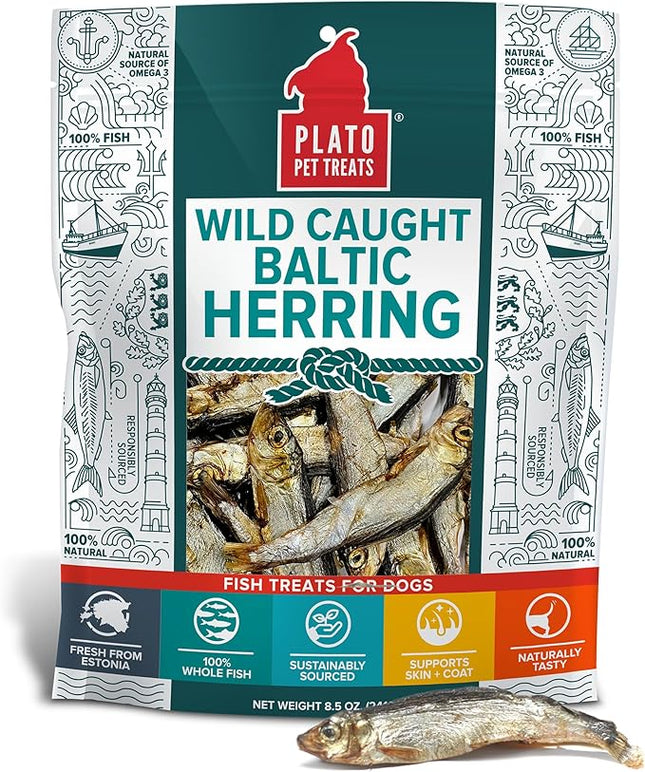 Plato Pet Treats Fish Dog Treats - Air-Dried, Single Ingredient Dog Treat - with Omega 3 & 6 Fatty Acids to Support Skin and Coat - 100% Whole Fish - Wild Caught Baltic Herring Dog Treats - 8.5 oz