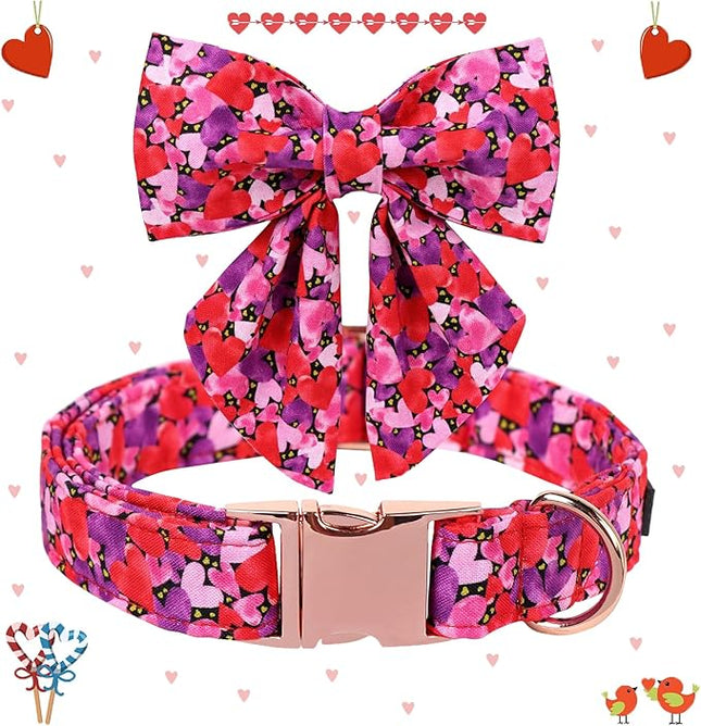 Maca Bates Valentine's Day Dog Collar with Sailor Bow for Medium Girl Boy Dogs,Tiedyed Love Hearts Pattern,Adjustable Durable Soft Valentine Gift for Female Male Puppy