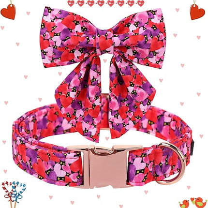 Maca Bates Valentine's Day Dog Collar with Sailor Bow for Extra Large Girl Boy Dogs,Tiedyed Love Hearts Pattern,Adjustable Durable Soft Valentine Gift for Female Male Puppy