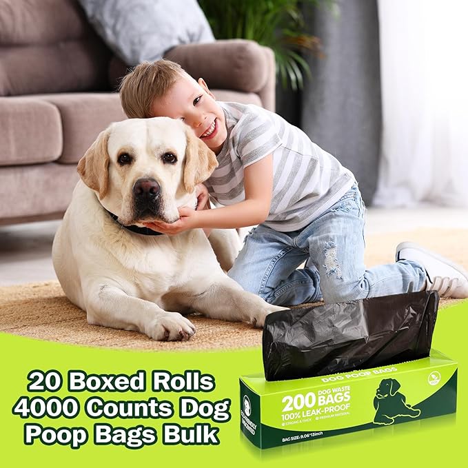 Sherr 20 Boxed Rolls 4000 Counts Dog Poop Bags Bulk Leak Proof Dog Waste Bags Universal Pet Doggy Waste Poop Box for Puppy Pets Outdoor Walking and Travel, 20 Rolls of 200 (Black,13 x 9 Inches)