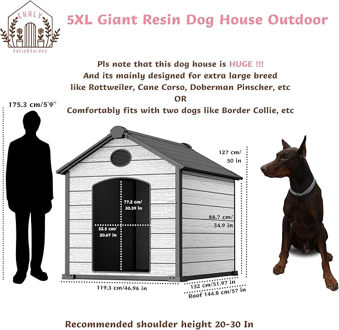57" Extra Large Dog House Outdoor Weatherproof, 5XL Big Dog House for 3 Large Dogs Outside, Insulated Igloo Pet House with Elevated Floor, Extra Durable Resin Plastic, 57Lx47Wx50H, Cemented Grey