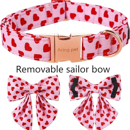 ARING PET Valentine's Day Dog Collar-Adorable Pink Heart Dog Collar with Sailor Bowtie, Comfortable Girl Dog Collars with Metal Buckle