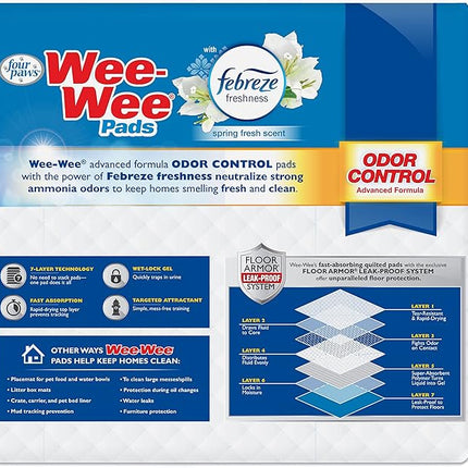 Four Paws Wee-Wee Odor Control with Febreze Freshness Pee Pads for Dogs & Puppies, Leak-Proof Dog Housebreaking Potty Training Floor Protection, Spring Fresh Scent, 22" x 23", 100 Count