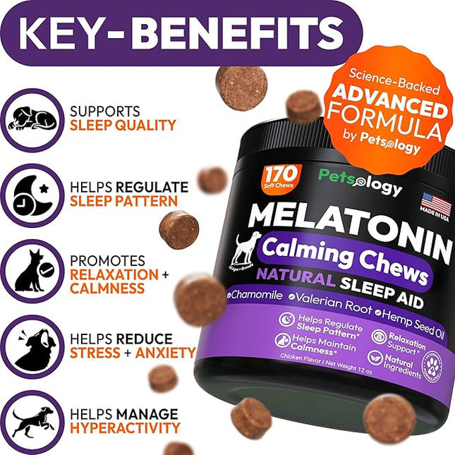 Advanced Melatonin for Dogs - 170 Dog Melatonin Calming Chews for Small and Large Dogs - Natural Hemp Dog Sleep Aid, Puppy Sleeping Pills, Anxiety, Stress, Separation, Barking, Fireworks - Made in USA