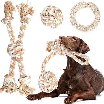 Fida Heavy Duty Dog Rope Toys for Aggressive Chewers 4pcs Pack – Natural Cotton Dog Chew Toys for Large Dogs, Tug-of-War & Fetch Rope Ball/Ring/Knot/Twist to Keep Them Busy