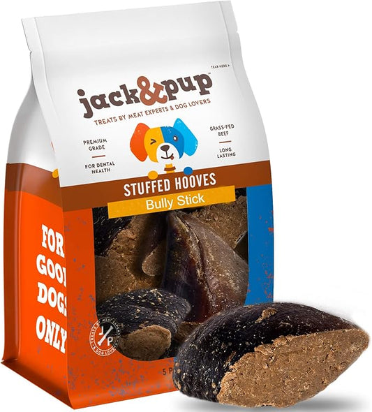Jack&Pup Filled Cow Hooves for Dogs, Cow Hoofs for Dogs, Natural Dog Chews, Stuffed Bones (Bully Stick Flavor) 5 Pack