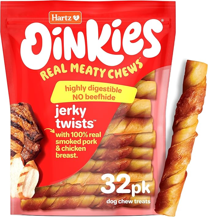 Hartz Oinkies Porkalicious Smoked Pig Skin Jerky Twists Dog Treats, 32pk