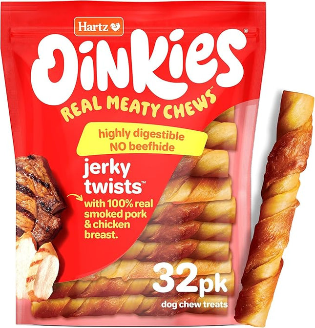 Hartz Oinkies Porkalicious Smoked Pig Skin Jerky Twists Dog Treats, 32pk