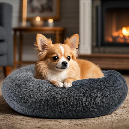 Hoewina Dog & Cat Bed, 20in Cat Beds for Indoor Cats, Calming Donut Bed for Puppy and Kitten, Washable Round Fluffy Pet Bed for Small Medium Dogs and Cats (Dark Grey)