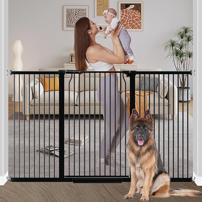 40.55" Extra Tall Baby Gate for Stairs-65.8"-71.2" Wide 1.37" Ultra Narrow Spacing Extra Wide Pet Cat Gate Dog Gate-Auto-Close Pressure Mounted Dog Door for Pets and Kids,Black