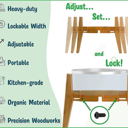 Dog Bowl Stand (12-inch High) - Ideal for Large Breeds - Adjustable Sideways, Slanted Feet - Elevates, Raises Pet Food Feeders, Water Dishes, Fountains, Dispensers - Bamboo Stand Only