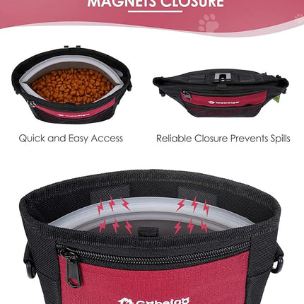 Gobeigo Dog Treat Pouch with Silicone Snack Bag, Front Pocket fits All Phones, 4 Cup Treat Bag with Training Clicker, Upgrade Stronger Magnetic Closure, 3 Ways to Wear Walking Fanny Pack (Red)