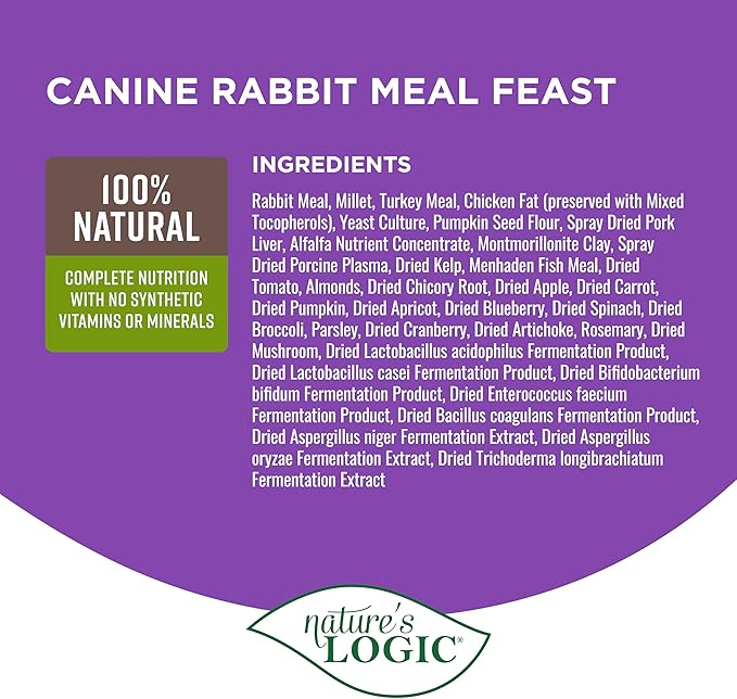 Nature's Logic Dry Dog Food - 100% Natural - No Synthetics - For All Ages, Sizes, Breeds - Free From Common Allergens, High Protein - Rabbit Meal Feast, 4.4lbs