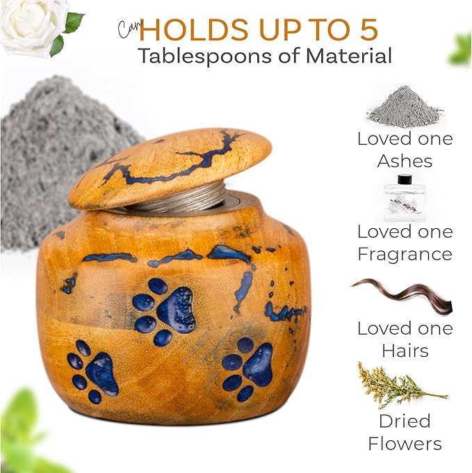 INTAJ Wooden Pet Urns for Dogs/Cats Ashes - Blue Resin Paws & Lichtenburg Design - Keepsake Cremation Urn Box, Pet Memorial Wooden Urns for Ashes, Small to Large Sizes (Odyssey, Small)