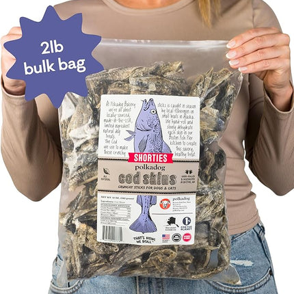 Polkadog Cod Skins for Dogs (2lb Shortie) - Single Ingredient, Wild-Caught Fish Skin Dog Treats for All Breeds – High in Lean Protein & Omega-3. Hypoallergenic, Grain Free. Handcrafted & Made in USA