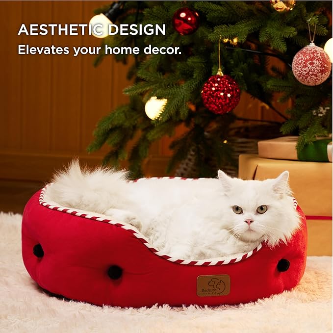 Bedsure Dog Beds for Small Dogs - Round Cat Beds for Indoor Cats, Washable Pet Bed for Puppy and Kitten with Slip-Resistant Bottom, 20 Inches, Savvy Red