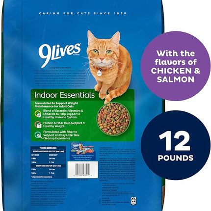 9Lives Indoor Essentials Dry Cat Food for Adult Cats with Chicken & Salmon Flavors, 12 lb. Bag