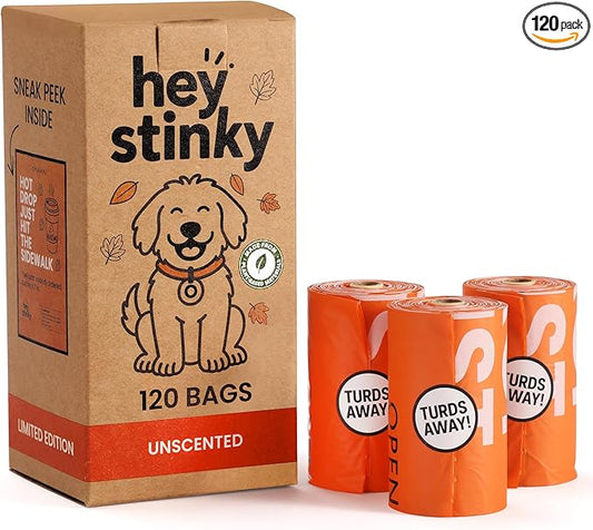 Dog Poop Bags 120 Count – Leakproof, Extra Thick & Easy Open | Unscented Plant-Based PLA + PBAT, Fits All Dispensers, Hey Stinky Funny Printed Design