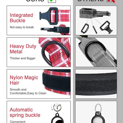 Hotsky Tactical Dog Collar, Adjustable Military Training Nylon Airtag Collar with Handle and Heavy Duty Metal Buckle for Medium Large Dogs, with Airtag Holder and Two Patches（Redplaid,M）