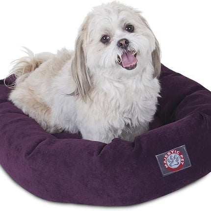 Majestic Pet 24 Inch Micro Velvet Calming Dog Bed Washable – Cozy Soft Round Dog Bed with Spine for Head Support - Fluffy Donut Puppy Mat 24x19x7 (inch) Small – Aubergine