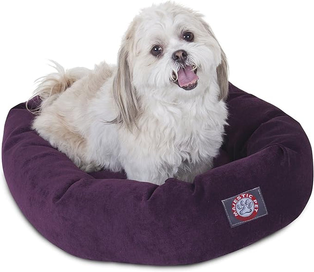 Majestic Pet 24 Inch Micro Velvet Calming Dog Bed Washable – Cozy Soft Round Dog Bed with Spine for Head Support - Fluffy Donut Puppy Mat 24x19x7 (inch) Small – Aubergine