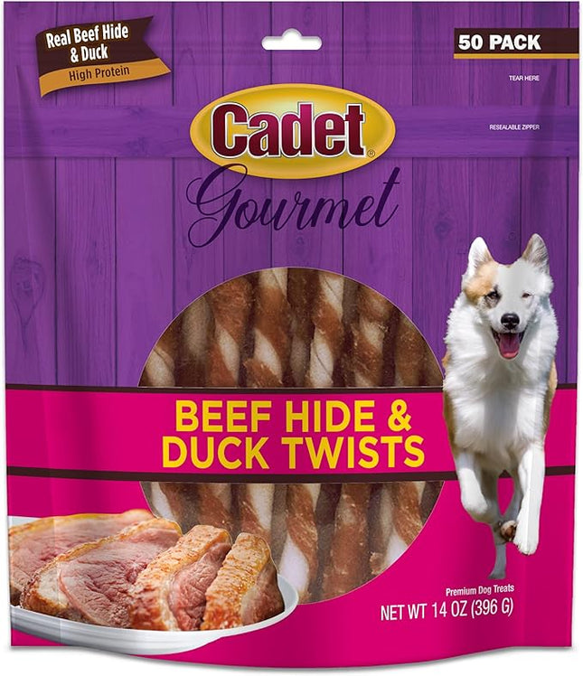 Cadet Gourmet Beef Hide Twist Chew Sticks, Long Lasting & Natural Chew Treats for Dogs, Inspected & Tested in USA, Duck Flavor (50 Count)