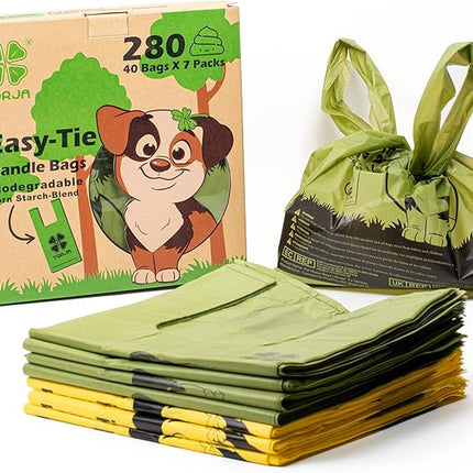 YORJA Tie Handles Dog Poop Bags, 280 Pet Waste Bags with OK BIOBASED Certificate, Thick and Strong 100% Leak-Proof Easy Tie Up Doggy Bags