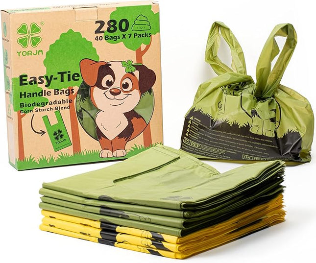 YORJA Tie Handles Dog Poop Bags, 280 Pet Waste Bags with OK BIOBASED Certificate, Thick and Strong 100% Leak-Proof Easy Tie Up Doggy Bags